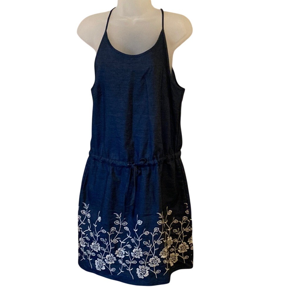 Westport denim‎ halter sun dress with white floral embroidery